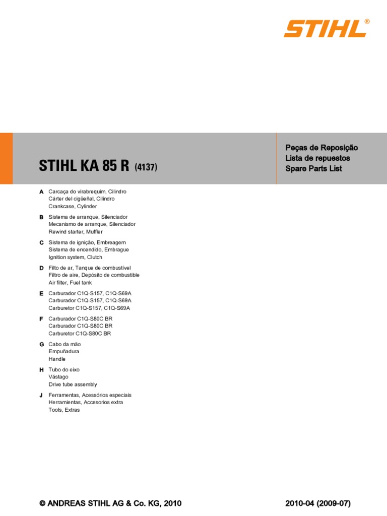 Stihl Ka 85 R: Peças de Reposição Lista de Repuestos Spare Parts List ...