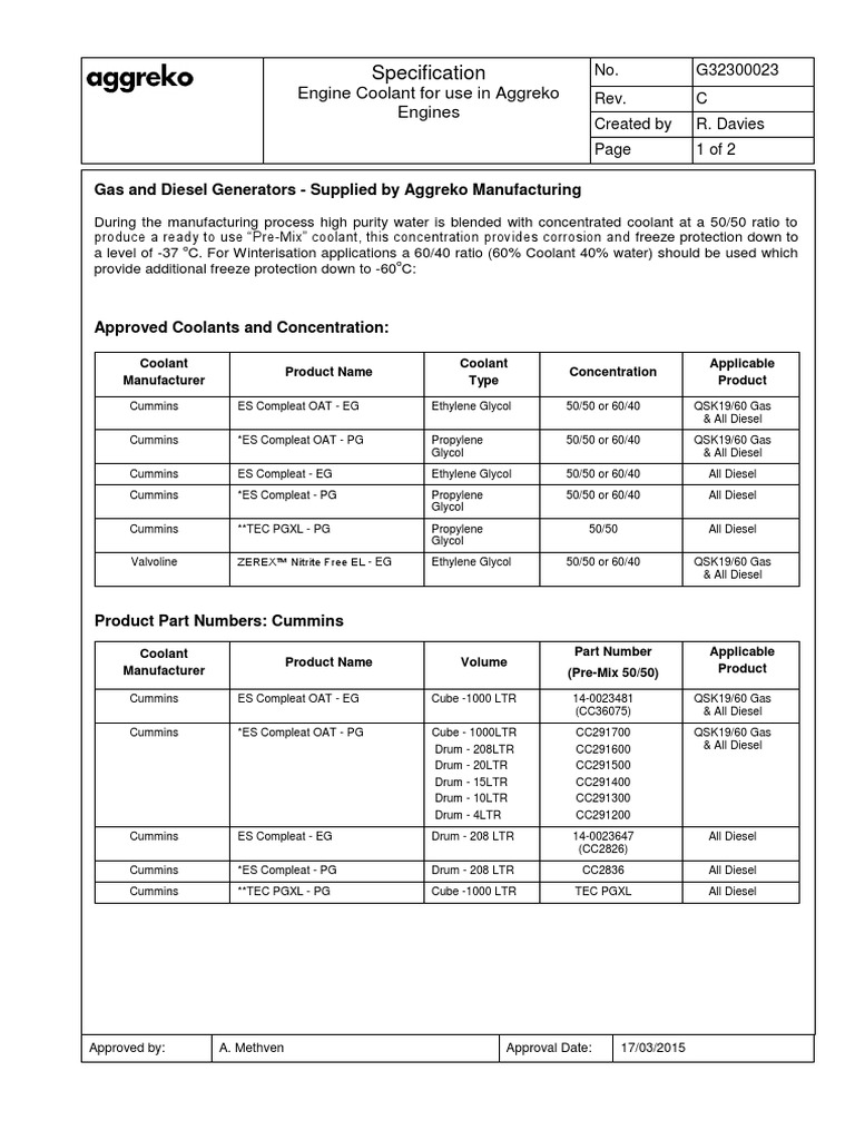 Cummins G12 Engine Coolant For Use in Aggreko Engines PDF