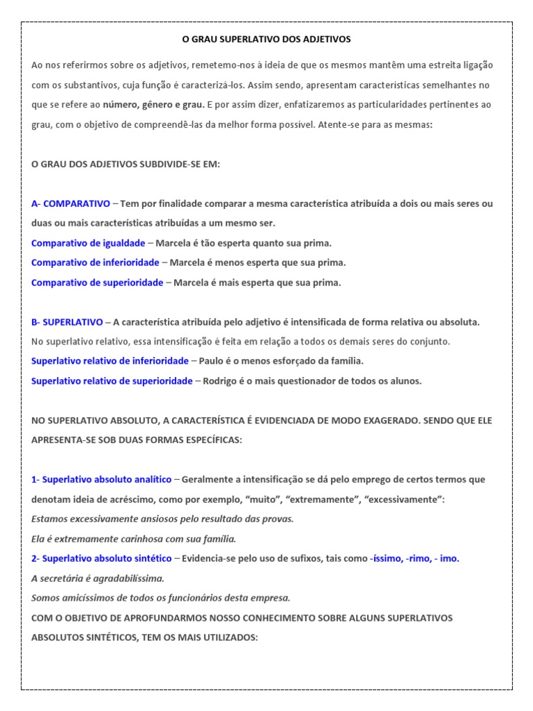 P2- O GRAU SUPERLATIVO- COMPARATIVO DOS ADJETIVOS.QUADRO. | PDF | Adjetivo