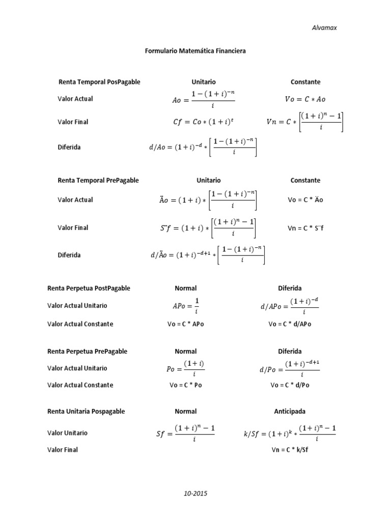 Formulario Mat Fin | PDF | Finanzas Matemáticas | Economía matemática