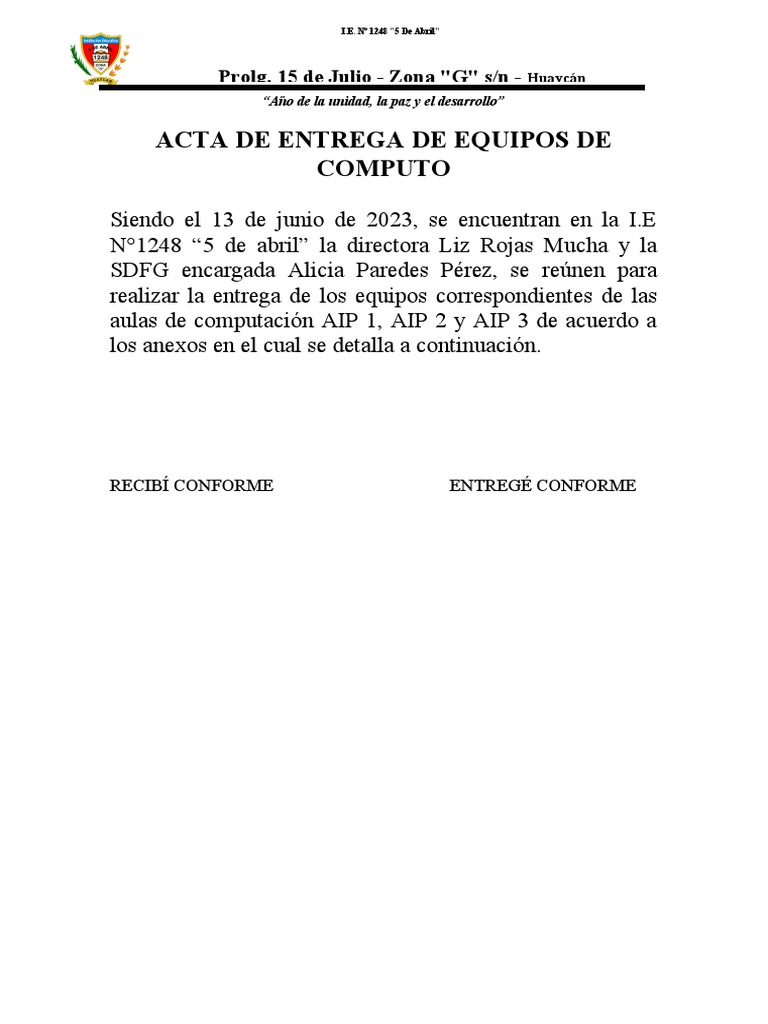 Acta de Entrega | PDF | Equipo de oficina | Hardware de la computadora