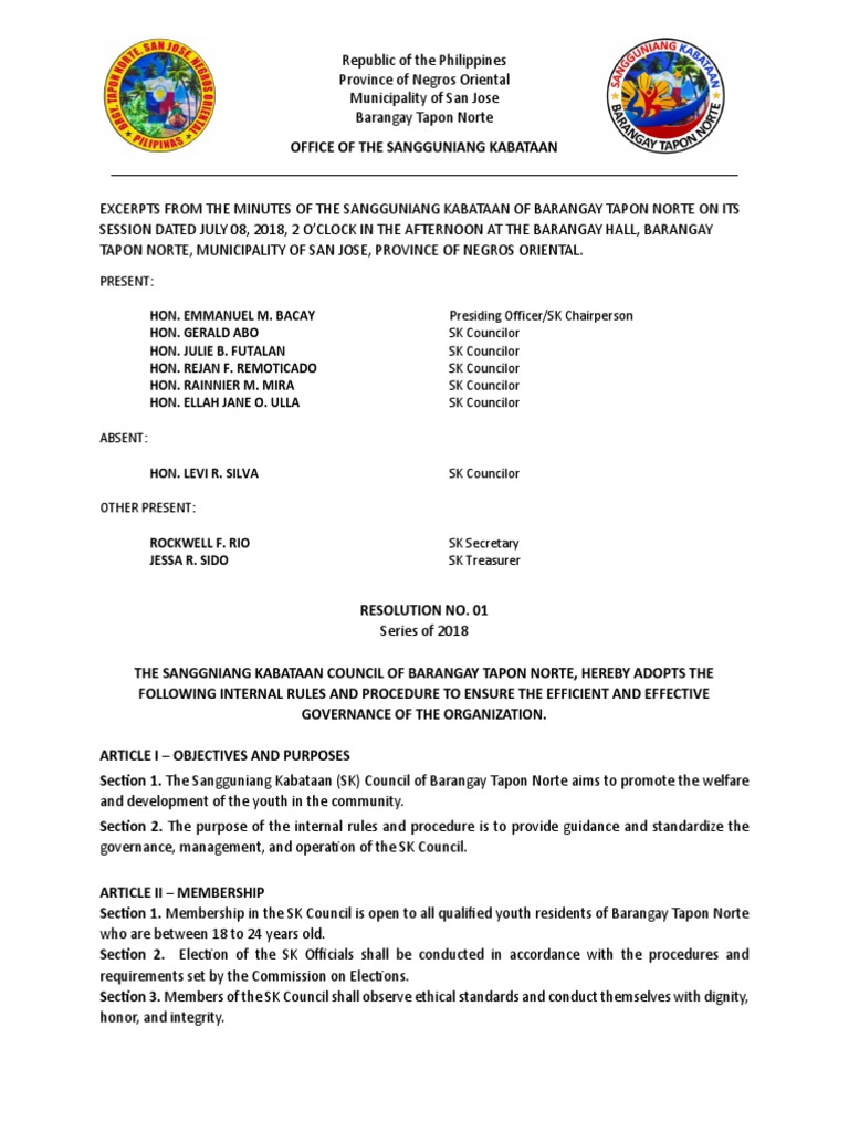 Sk Internal Rules Tapon Norte Series Of 2018 Pdf