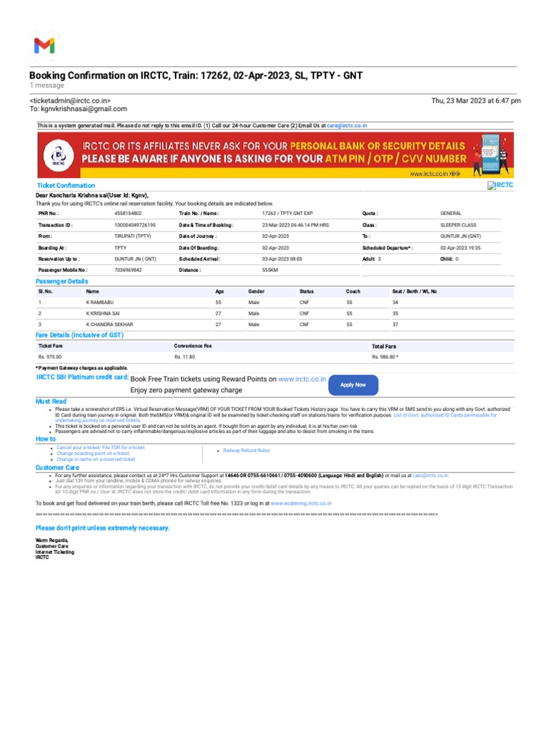 IRCTC Train Booking Confirmation | PDF