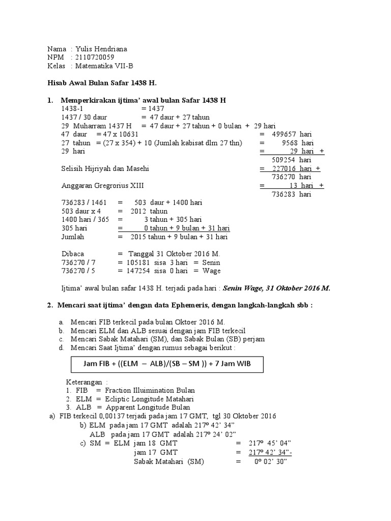 Hisab Awal Bulan Safar 1438 H | PDF