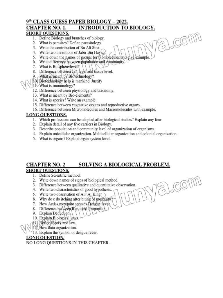 Bank Of Biology Class 9