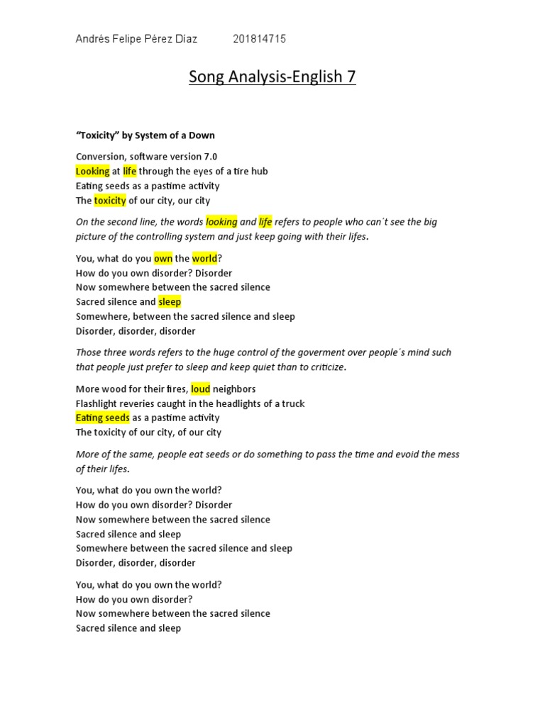 Song Analysis-Andrés Pérez | PDF | Language Arts & Discipline | Self ...