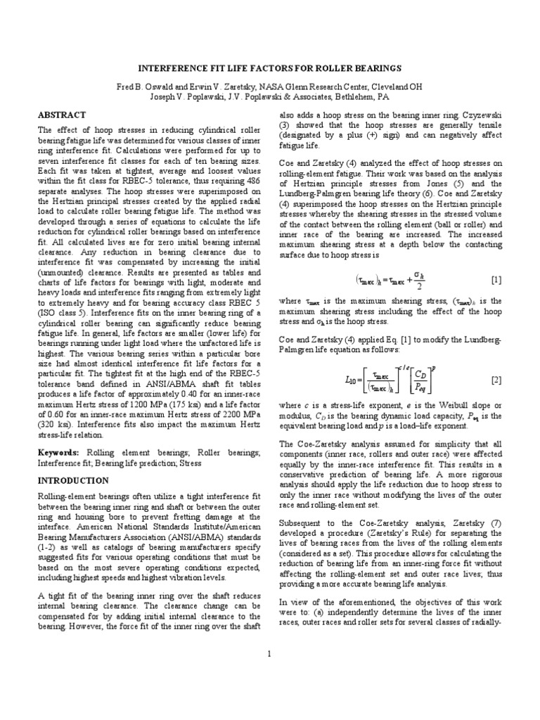 Interference Fit Life Factors For Roller Bearings PDF Engineering Tolerance Bearing