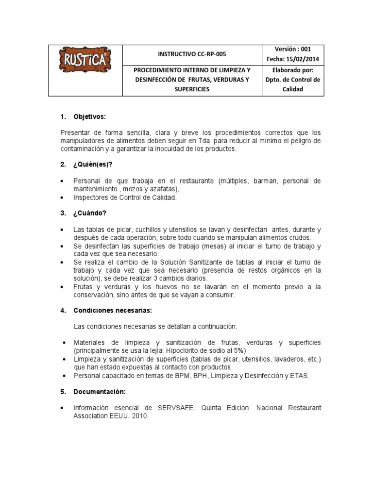 Instructivo CC - RP - 005 Limpieza y Desinfección | PDF | Agua | Alimentos