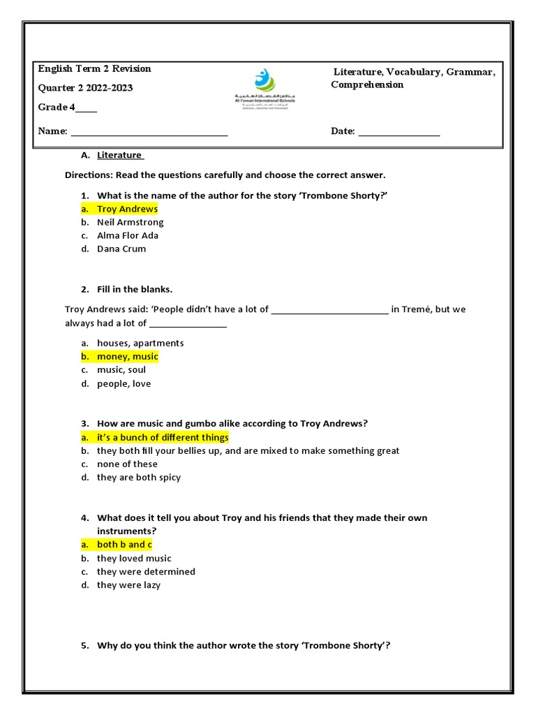 Grade 4 English Term 2 Revision Answer Key PDF