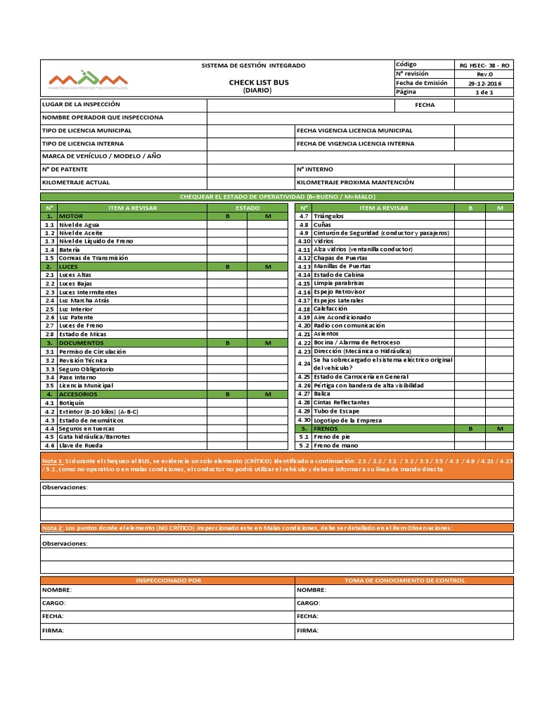 Check List BUS MPM | PDF | Ingeniería mecánica | Vehículos