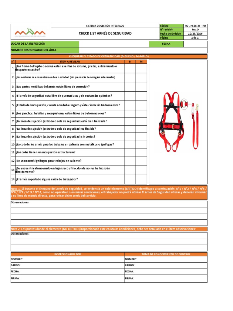 Check List Arnés de Seguridad MPM | PDF