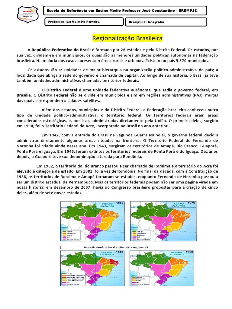 Brasil: Divisão Regional do IBGE - 1945 - Disciplina - Geografia