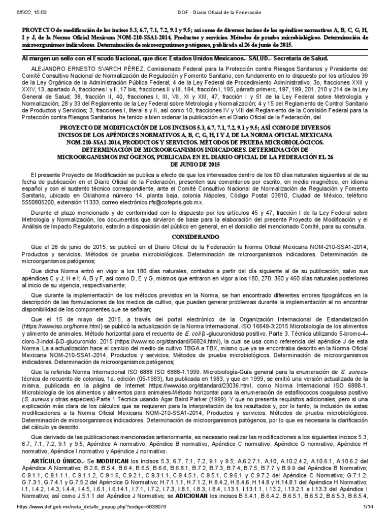 Modificaciones a la NOM-210-SSA1-2014 | PDF