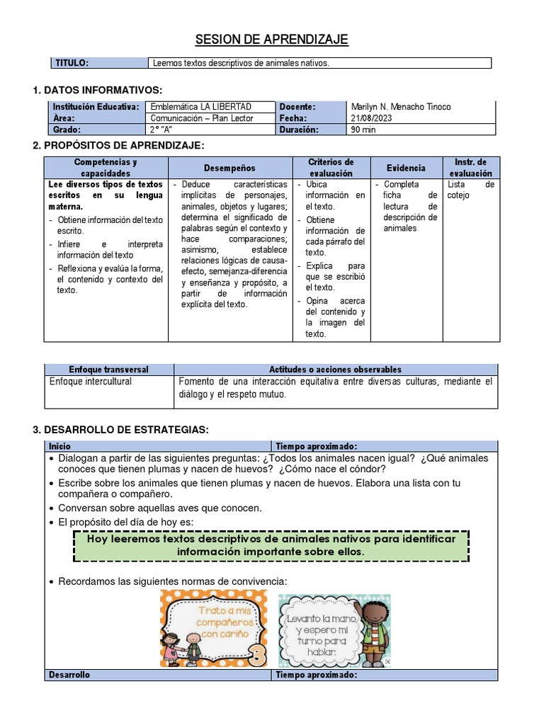SESION DE APRENDIZAJE Comunicacion - Plan Lector | PDF