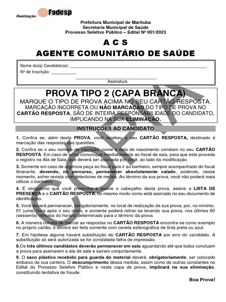 Prova de Agente Comunitário de Saúde | PDF