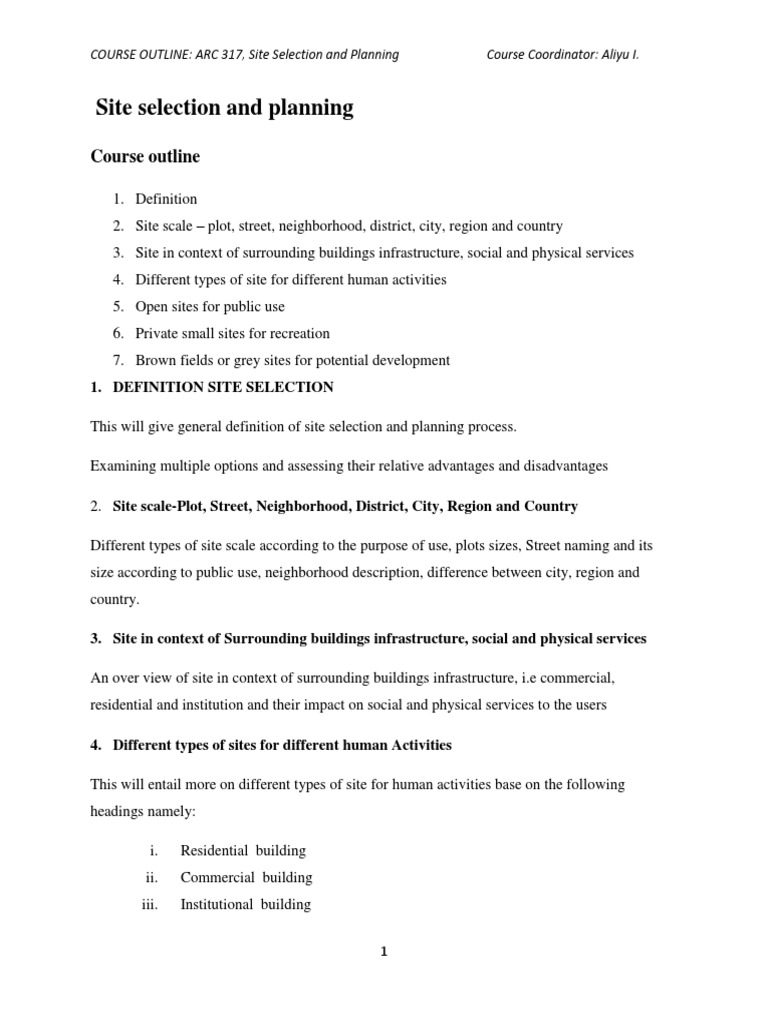Site Selection and Planning Lecture Note PDF