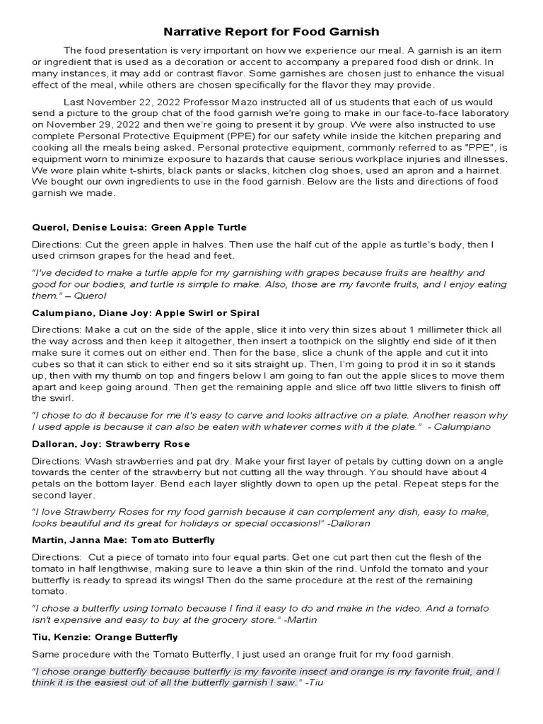 Narrative Report Food Garnish | PDF