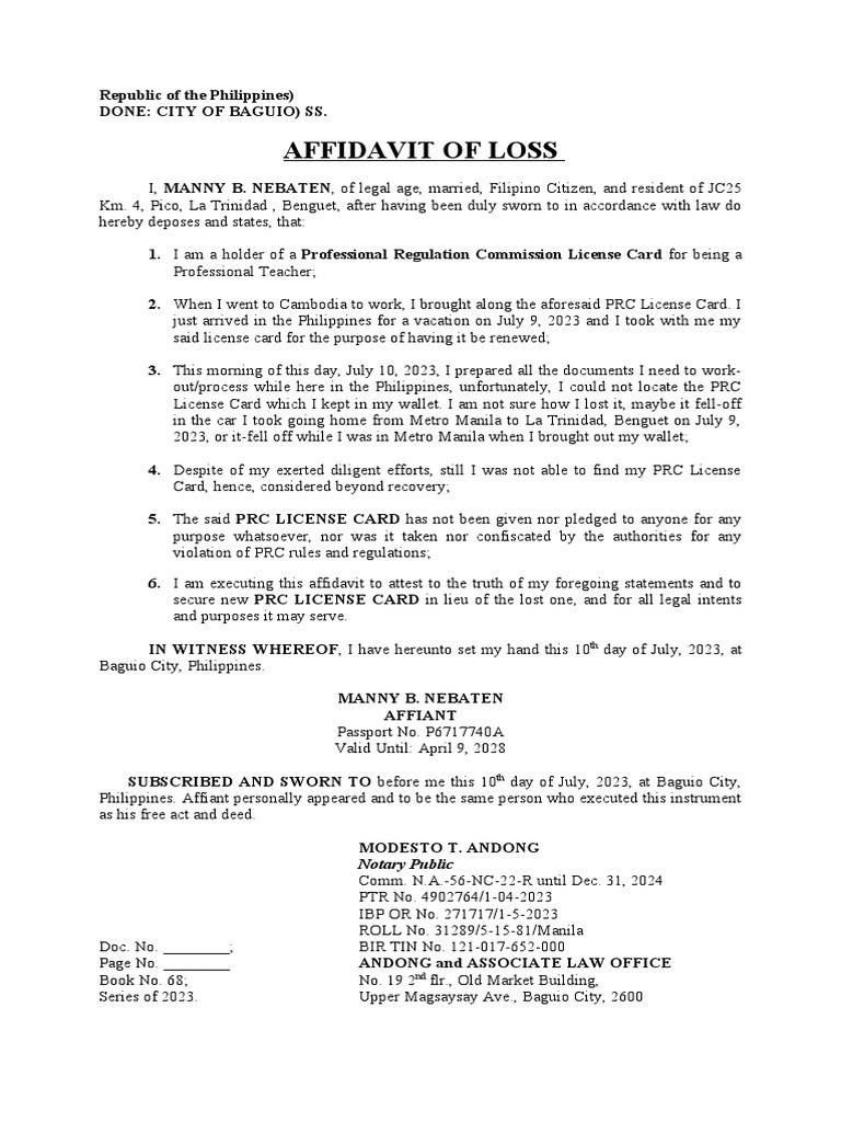 Manny B. Nebaten-PRC License Card | PDF | Affidavit | Document