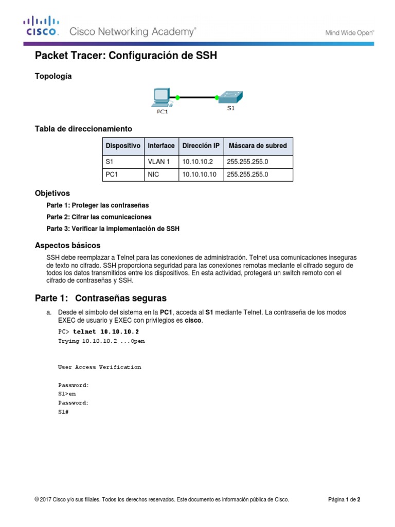 8.5.3.5 Packet Tracer - Configuring SSH | PDF | Cubierta segura ...