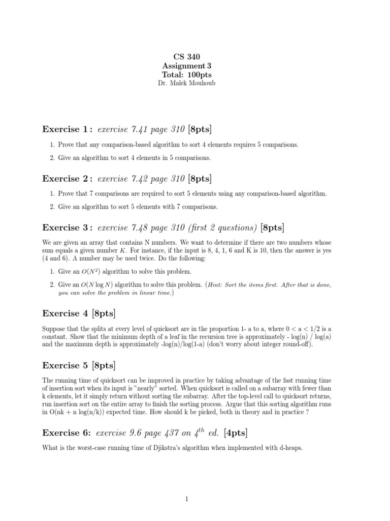 Exercise 1: Exercise 7.41 Page 310 (8pts) : CS 340 Assignment 3 Total ...