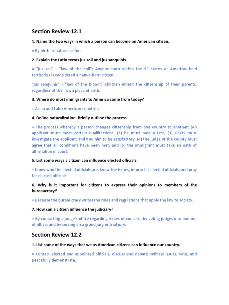 12.1 and 12.2 Secction Review | PDF | Naturalization | Citizenship