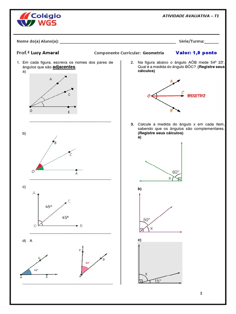 Atividade Avaliativa - 7º Ano - Ângulos Complementares e Suplementares ...