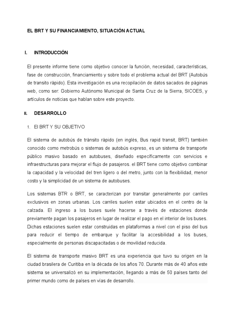 El BRT Y Su Financiamiento, Situación Actual | PDF