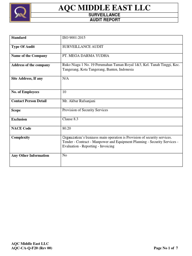 Sur Audit Report QMS ISO 9001 - Mega Darma Yudha - 2022 | PDF