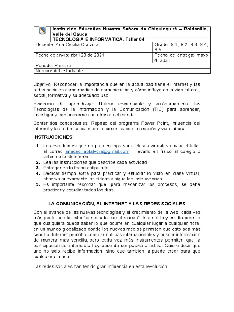 Taller 04 de Tecnologia. Grados 8 | PDF | Internet | Tecnología de ...
