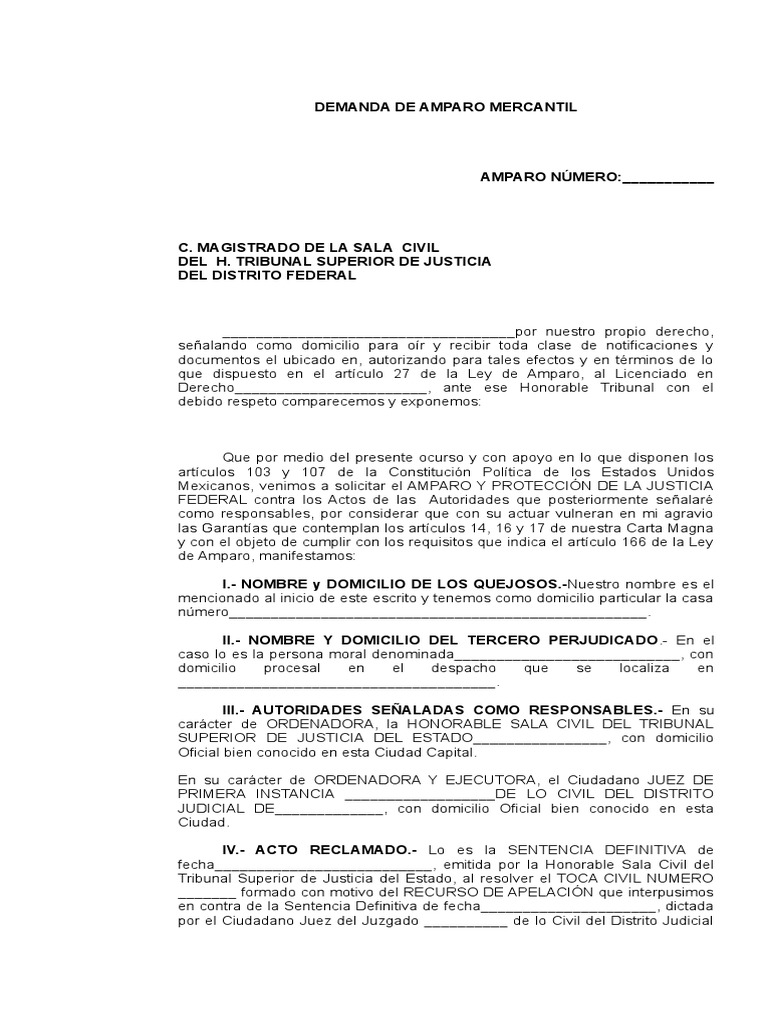 Demanda de Amparo Mercantil en México | PDF | Sentencia (ley) | Caso de ley
