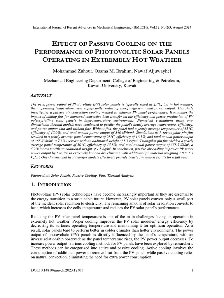 Passive Cooling On The Performance of Photovoltaic Solar Panels ...