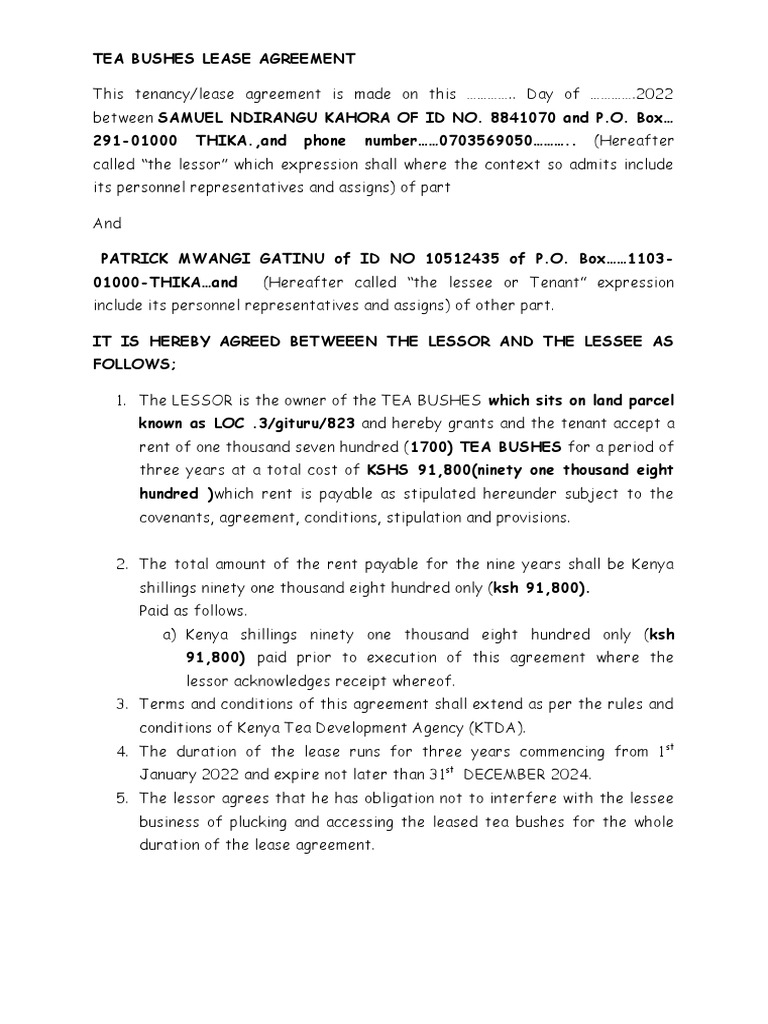 TEA BUSHES LEASE AGREEMENT Waman PDF Lease Leasehold Estate