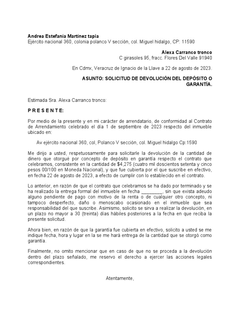 Solicitud Al Arrendador Para Devolucion De Deposito O Garant Pdf