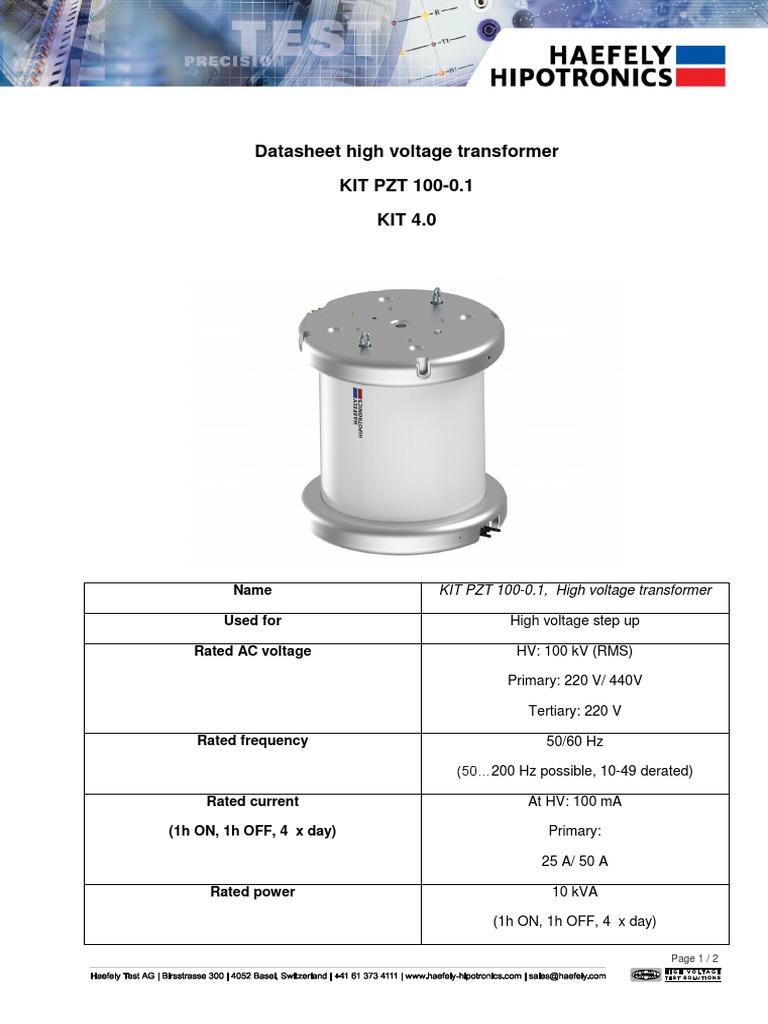 High Voltage Transformer KIT PZT 100-0.1 | PDF