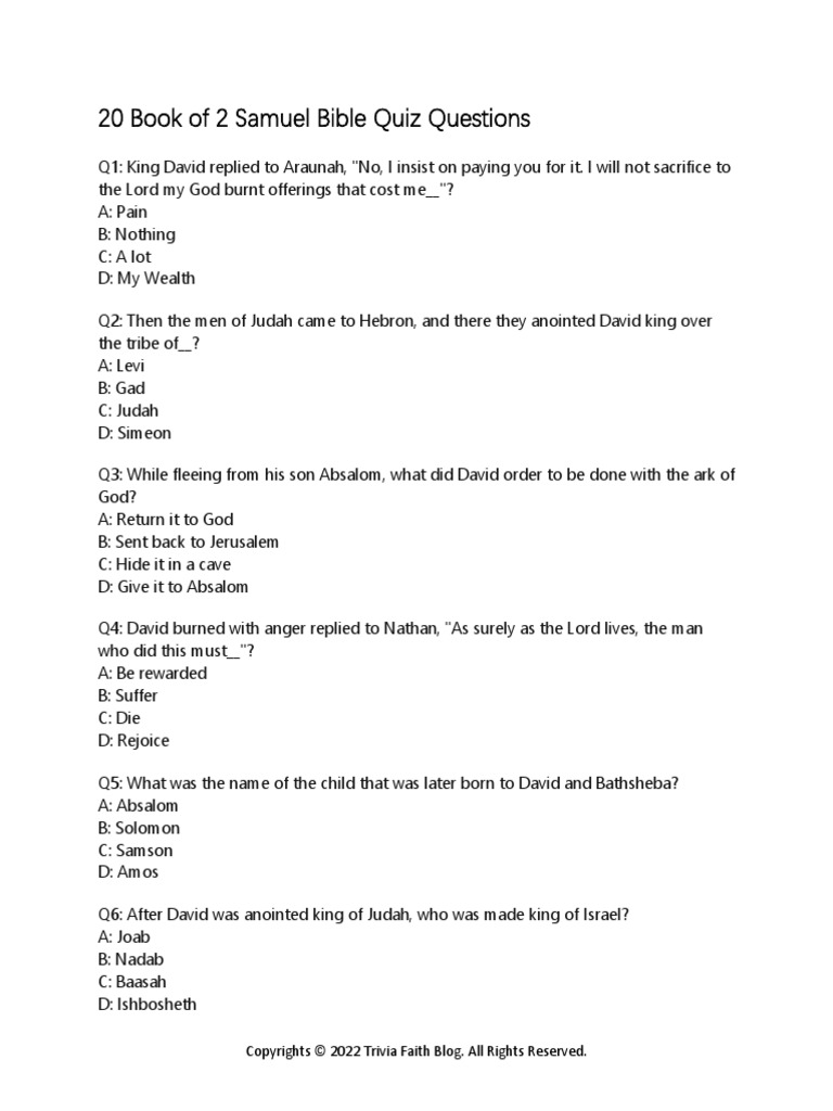 Book of 2 samuel bible quiz questions and answers min pdf books of
