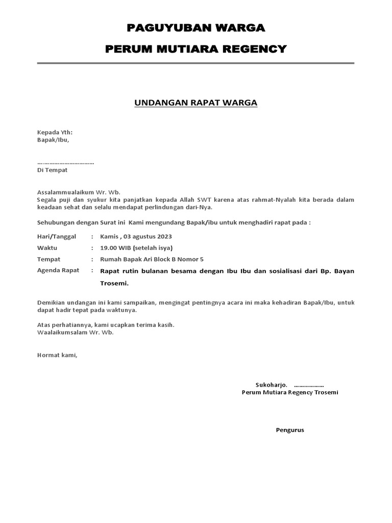 Surat Undangan Rapat Warga | PDF