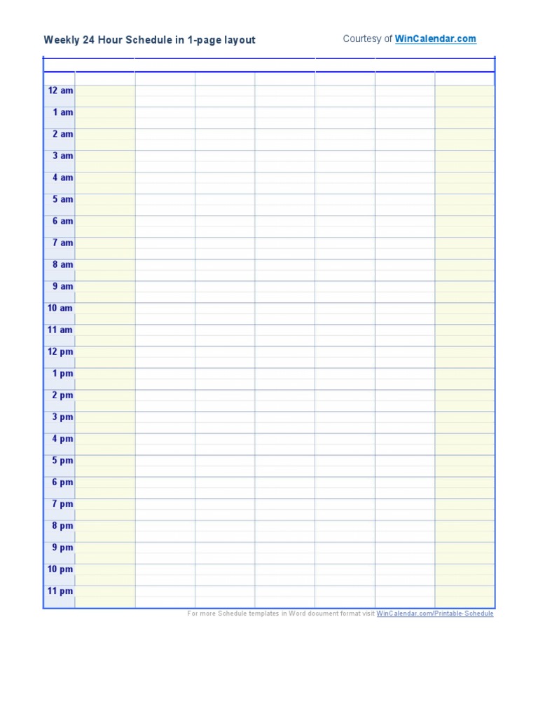 Weekly 24-Hour Schedule Template | PDF