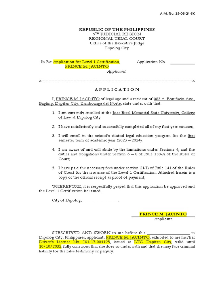 Level 1 Certification Application - Jacinto | PDF