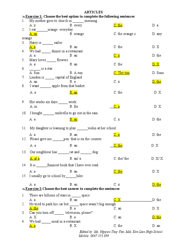 English Grammar Exercises on Articles | PDF