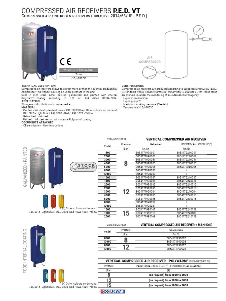 Cordivari Technical Sheet Compressed Air Receivers P.E.D. VT PDF Industrial Processes Gas