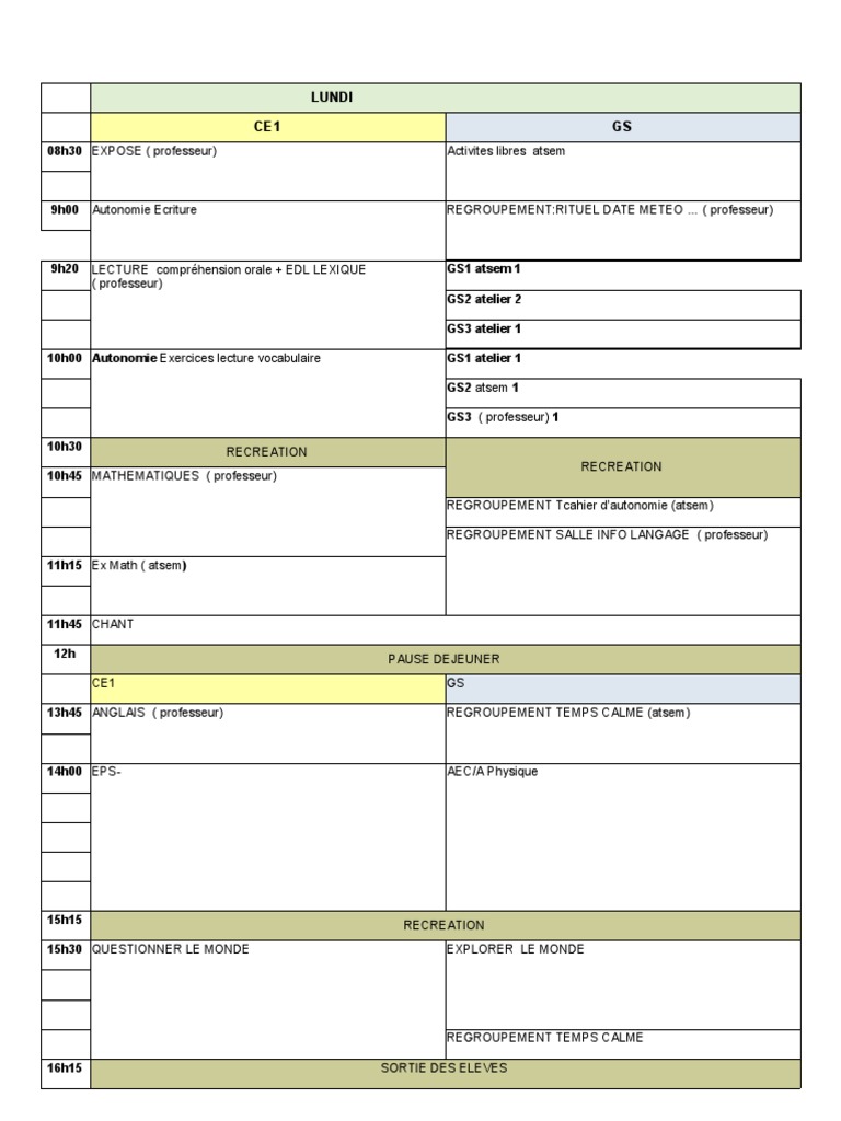 Emploi du Temps CE1 et GS Période 1 | PDF