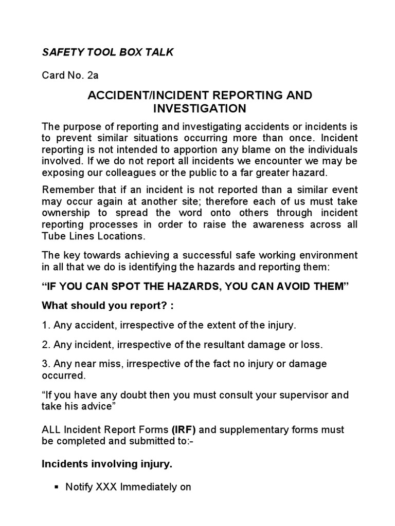 Toolbox Talk Accident Reporting and Investigation | PDF