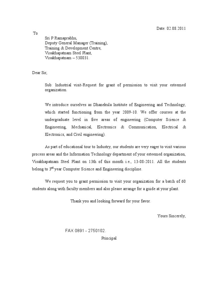 request letter to visit a company