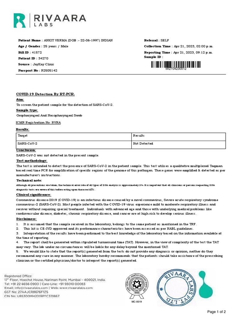 COVID-19 RT-PCR Test Results for Ankit Verma | PDF | Infection ...