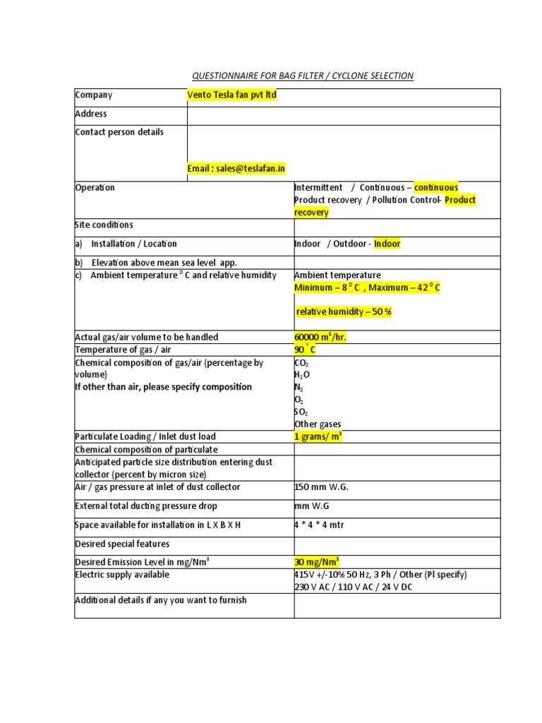 Questionnaire For Bag Filter PDF