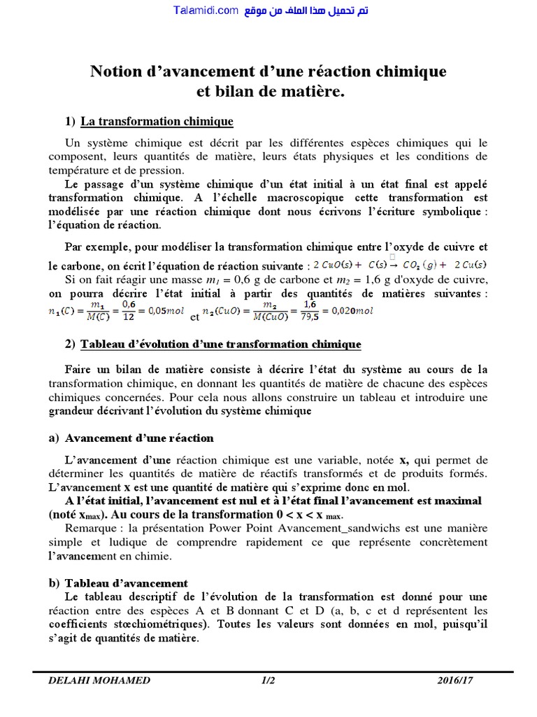 Bilan de matière en transformation chimique | PDF | Chimie | Réactions ...
