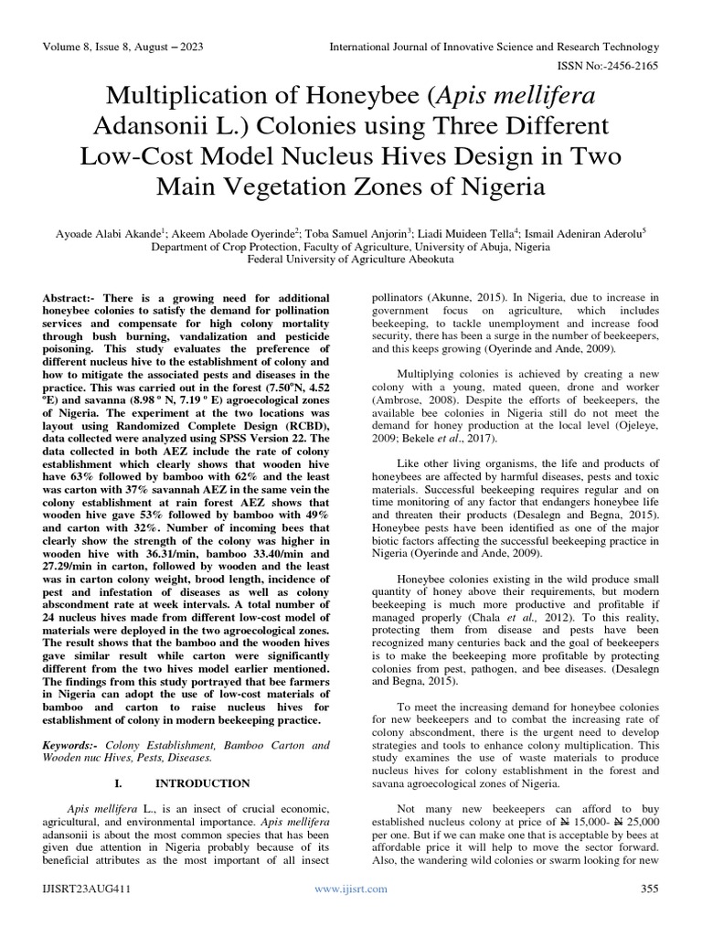 Multiplication of Honeybee (Apis Mellifera Adansonii L.) Colonies Using