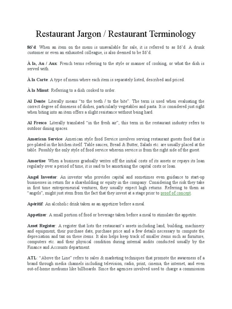 Restaurant Jargon For Training PDF
