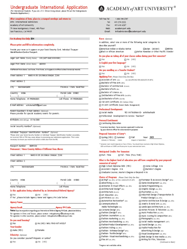 International Student Application | PDF | Bachelor Of Arts | Social ...