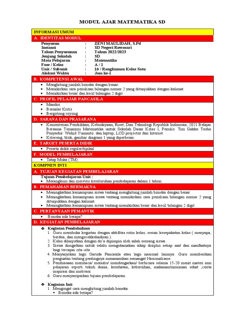 Modul Ajar Matematika Kelas 1 SD | PDF | Karier & Perkembangan | Ilmu ...